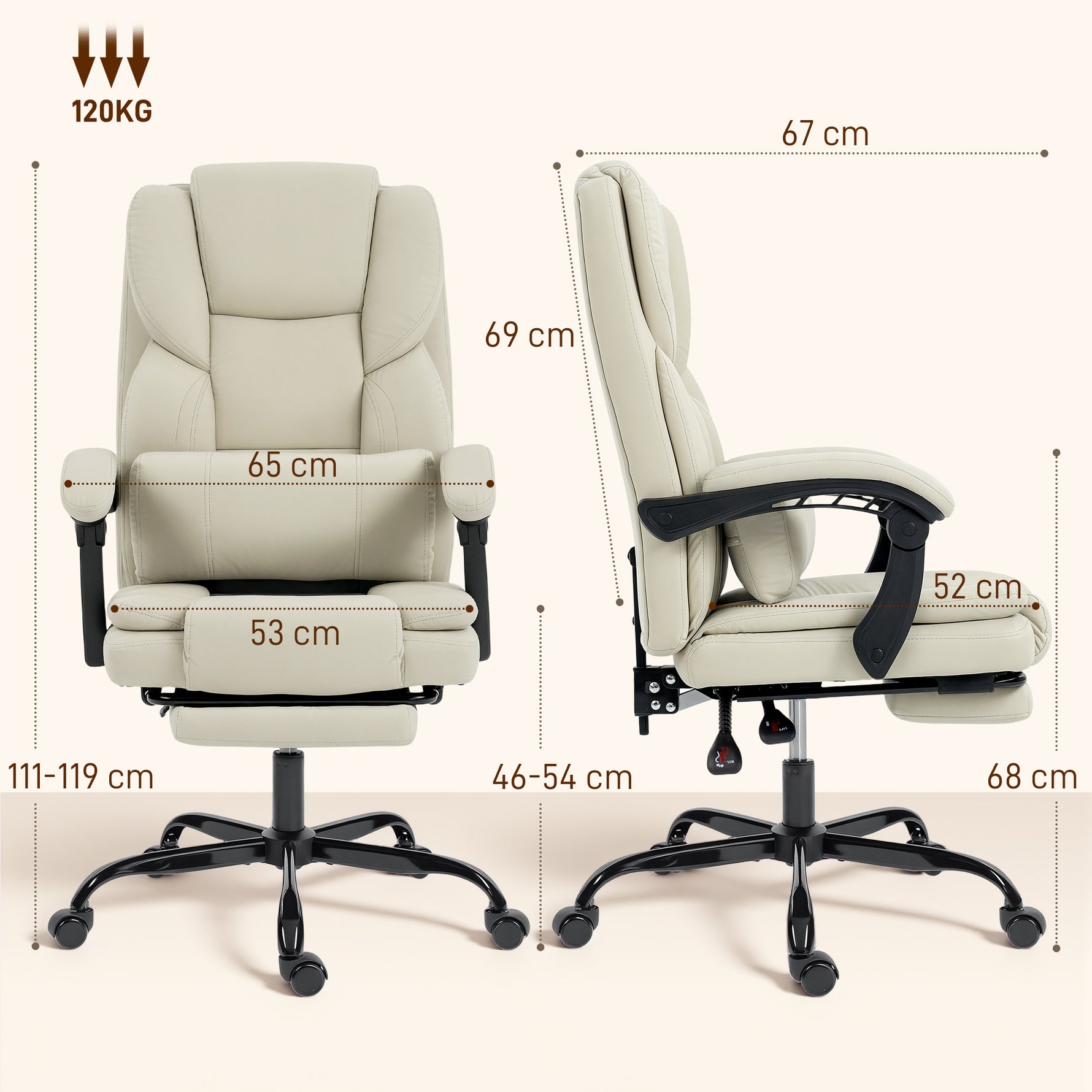Chaise Bureau Ergonomique, Fauteuil de Bureau avec Dossier Inclinable, Hauteur Réglable, 65x67x111-119cm, Beige