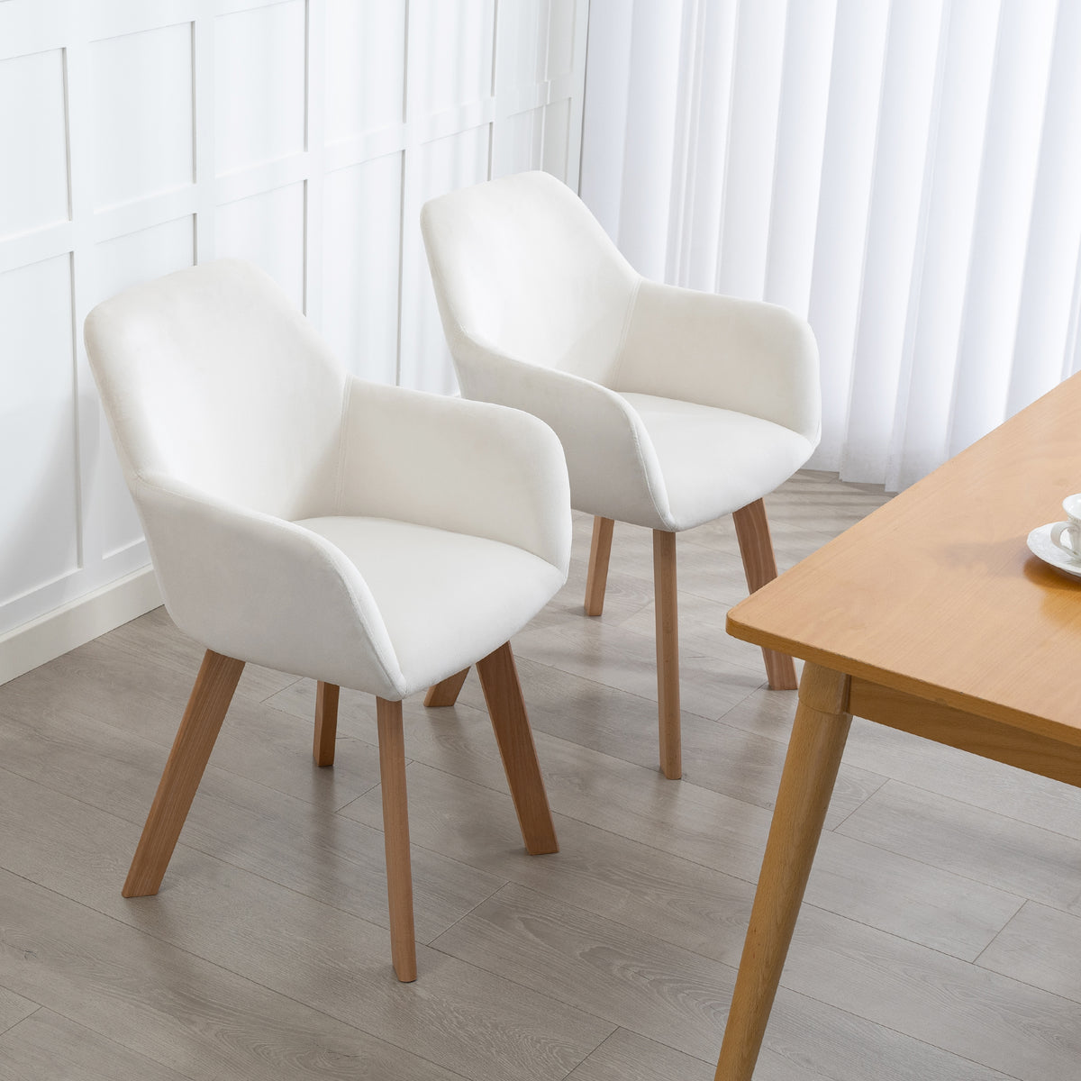 Lot de 2 chaises de salle à manger Fauteuil Assise rembourrée en tissu effet velours Pieds en bois, crème