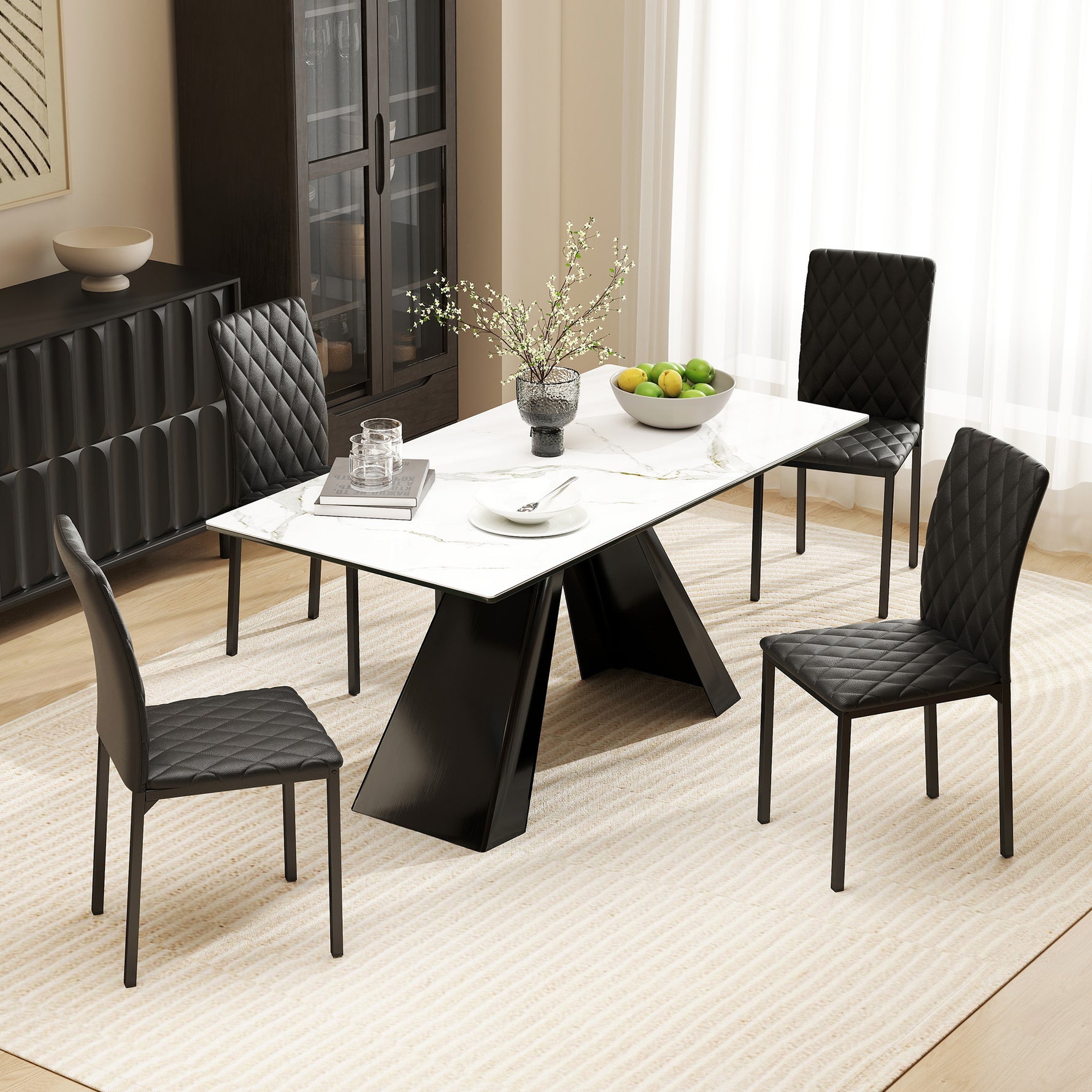 Lot de 4 chaises de salle à manger, chaises de cuisine, capitonnage rhombique et pieds en métal, 41x50x91cm, noir