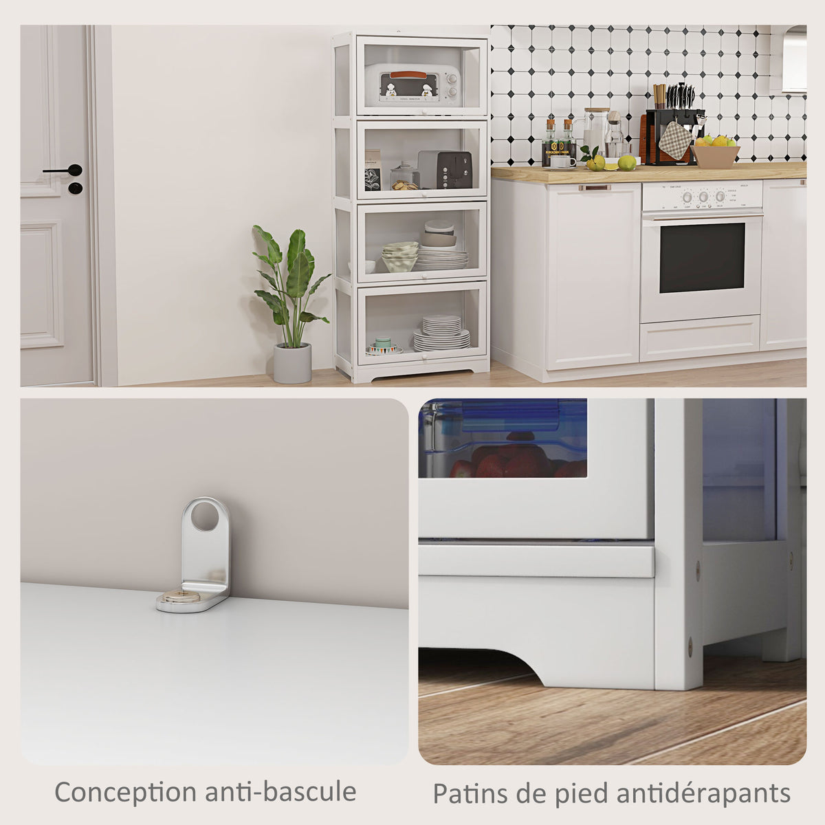 Vitrine pour collection buffet salon meuble de rangement à 4 niveaux avec portes à abattant, 59 x 30 x 139 cm, blanc