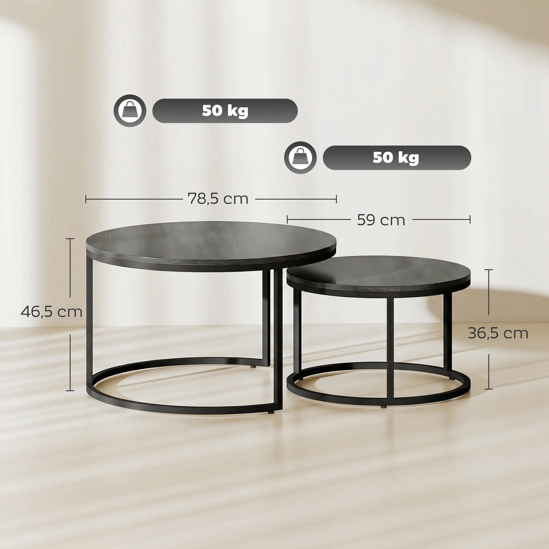 Lot de 2 tables basses gigognes empilable design industriel pieds en métal noir