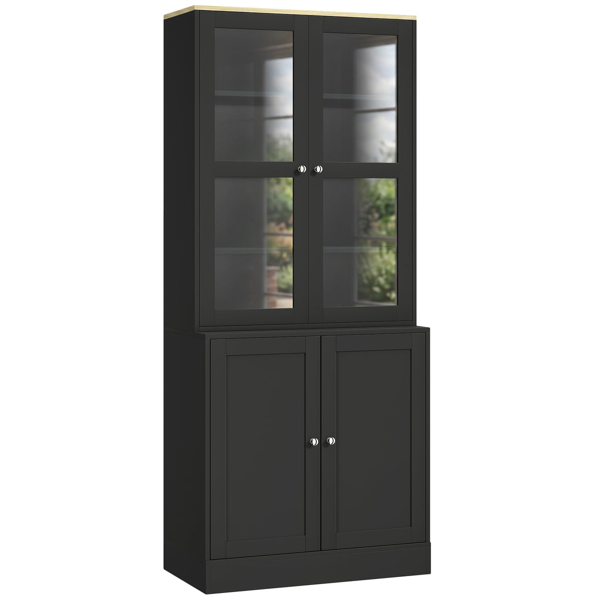 Bibliothèque vitrine, meuble de rangement à 6 niveaux avec 4 portes dont 2 en verre trempé, étagères réglables, noir