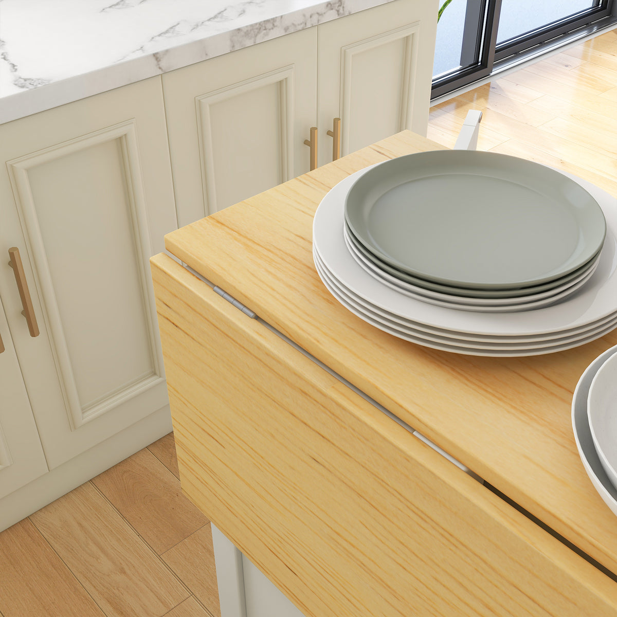 Desserte îlot de cuisine avec 2 tabourets plan de travail rabattable 2 placards avec 4 portes design moderne blanc