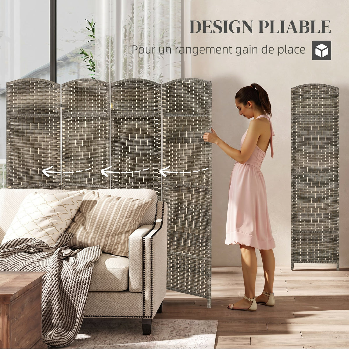 Paravent intérieur en bois 4 panneaux séparateur de pièce pliable pour salon chambre 180 x 180 cm chêne foncé
