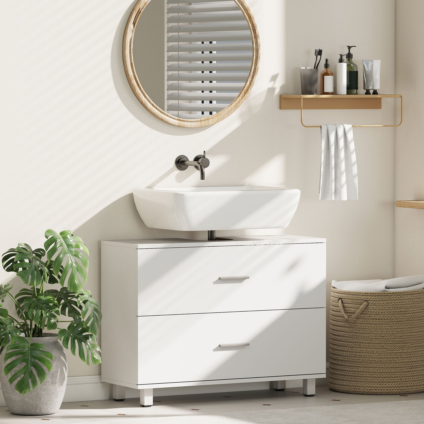 Meuble sous lavabo, meuble de salle de bain avec 2 tiroirs, style moderne, 80 x 30 x 60 cm, blanc