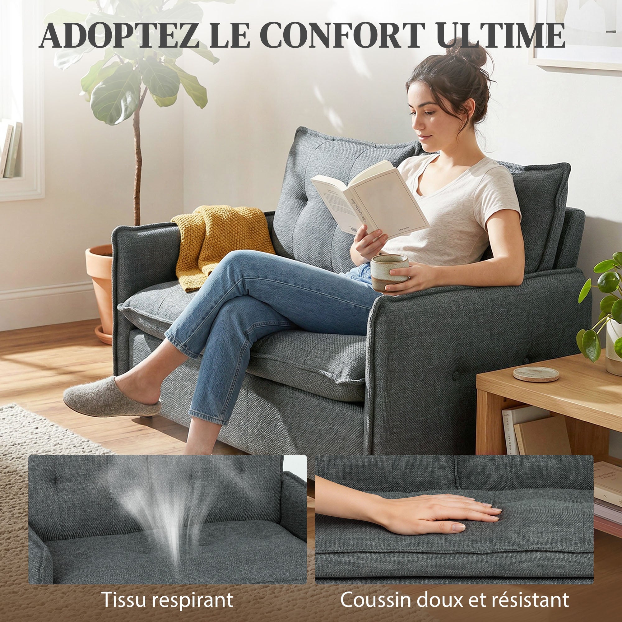 Canapé 2 places, canapé de salon moderne 131 cm avec assise rembourrée, coussins à ressorts, tissu en lin, gris foncé