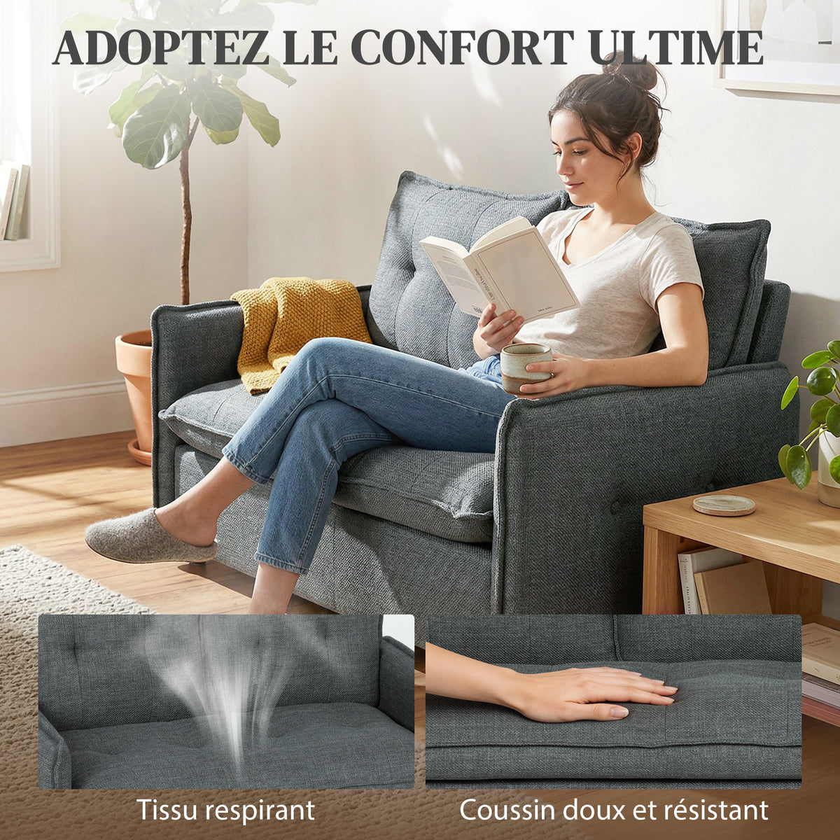 Canapé 2 places, canapé de salon moderne 131 cm avec assise rembourrée, coussins à ressorts, tissu en lin, gris foncé