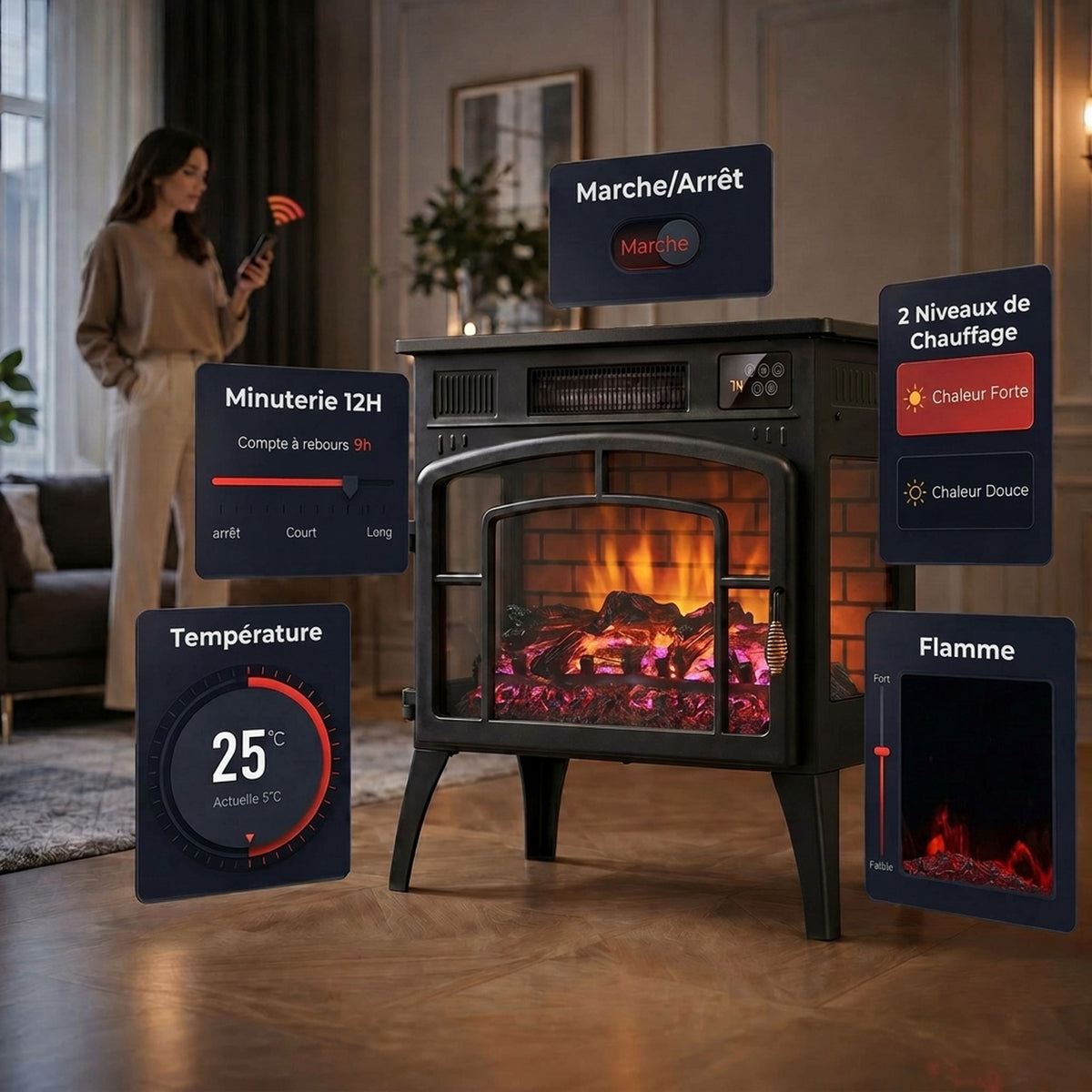 Chimenea eléctrica con efecto de llama 3D multicolor 1000W/2000W, termostato ajustable, control por aplicación y voz, negro