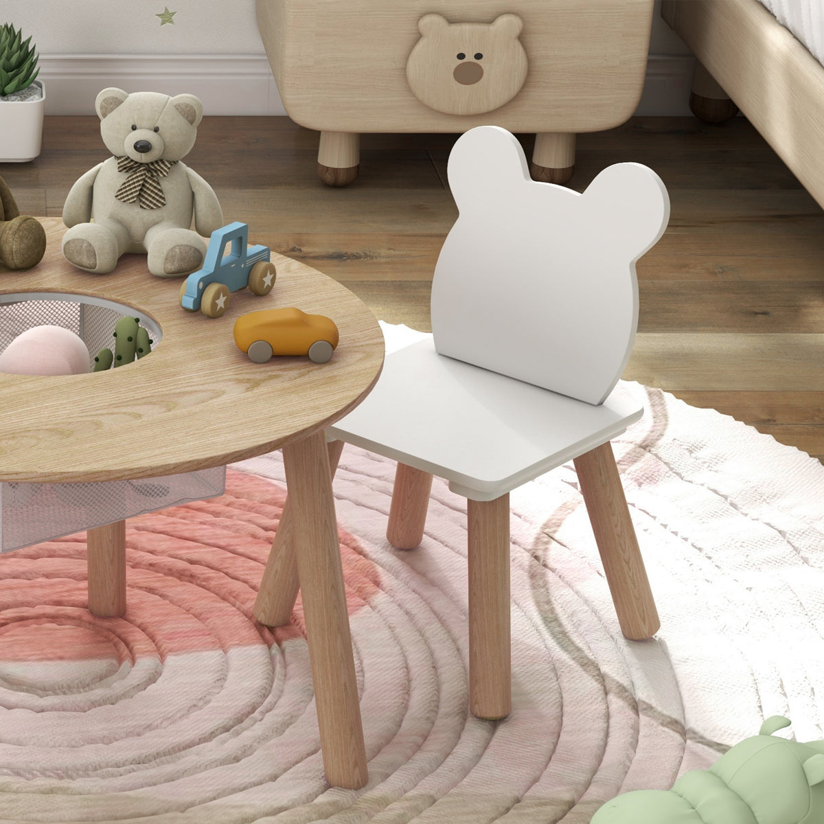Ensemble 1 table ronde, 2 chaises pour enfant 3 pièces, dossier en forme d'ours, activités, bricolage, repas, 3-6 ans