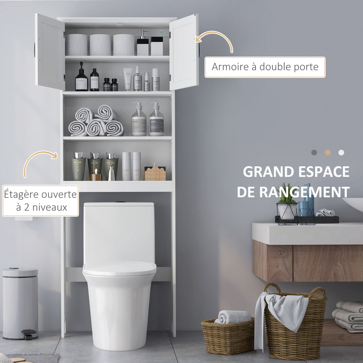 Meuble WC dessus de toilette armoire de rangement de salle de bain avec niches placard à double porte étagère réglable