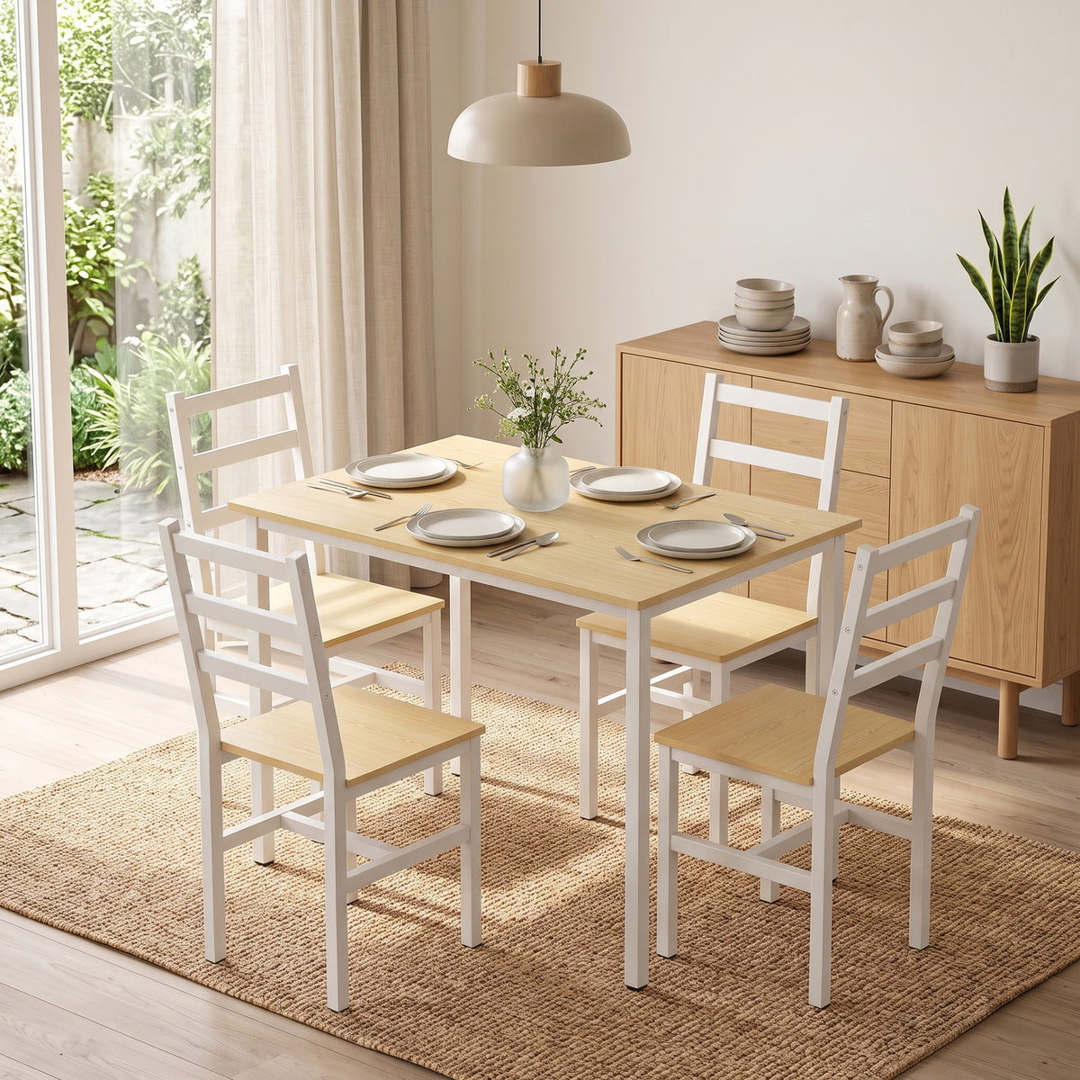 Dining Table Set with 4 Chairs, 108 cm Rectangular Table, Slat Back Chairs, Oak and White