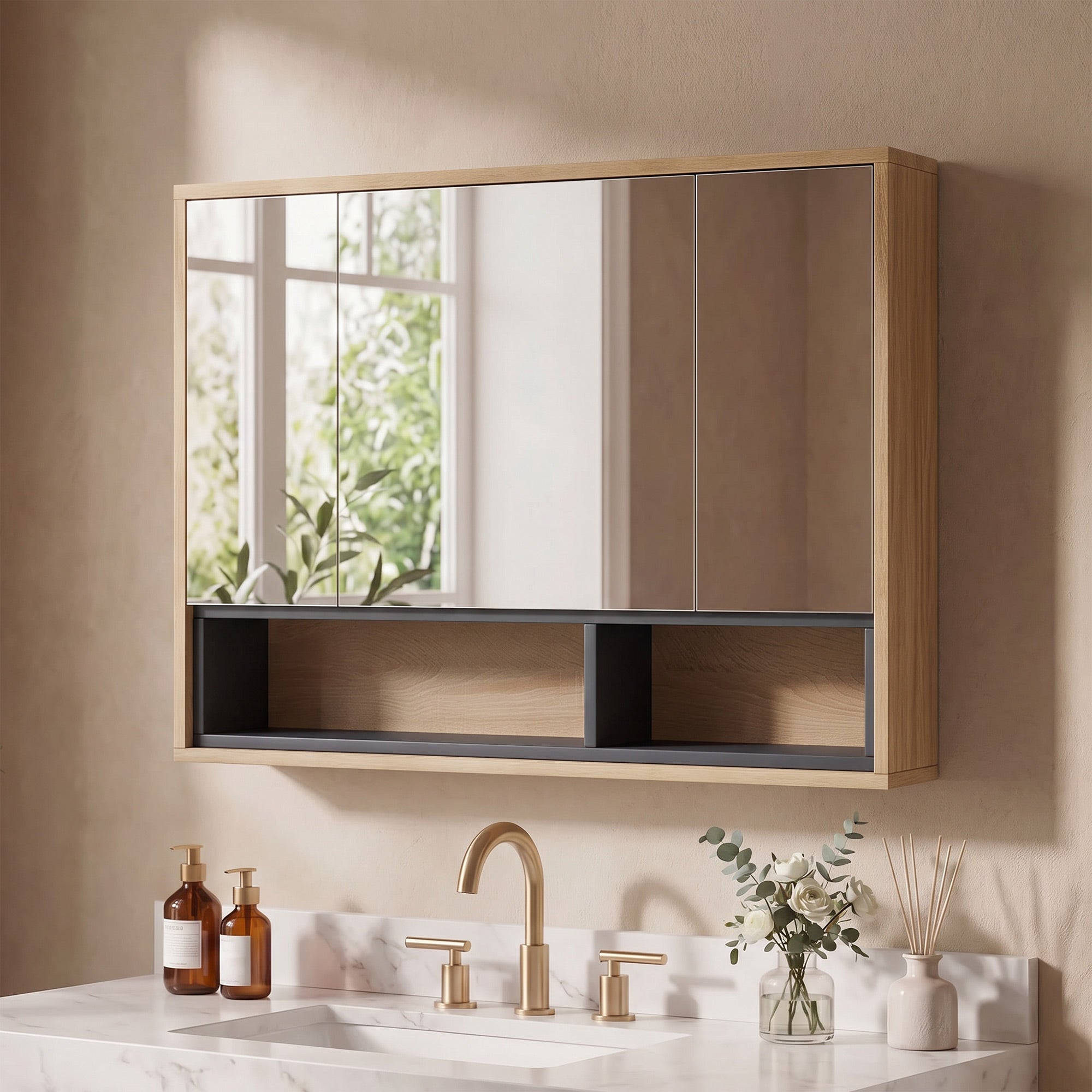 Meuble salle de bain avec miroir, armoire toilettes murale avec placards à 3 portes et 8 compartiments, chêne