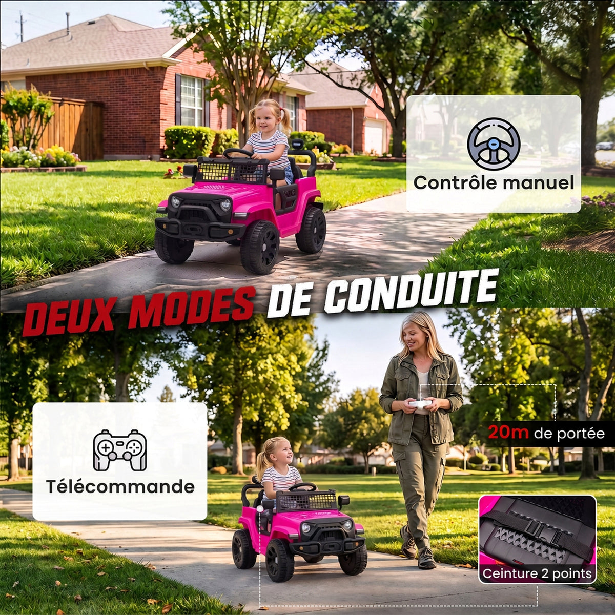 Elektro-Kinderauto 12V, Elektro-Buggy für Kinder, 2-4 km/h, 2 Motoren, Fernbedienung, Lithium-Akku, Rosa