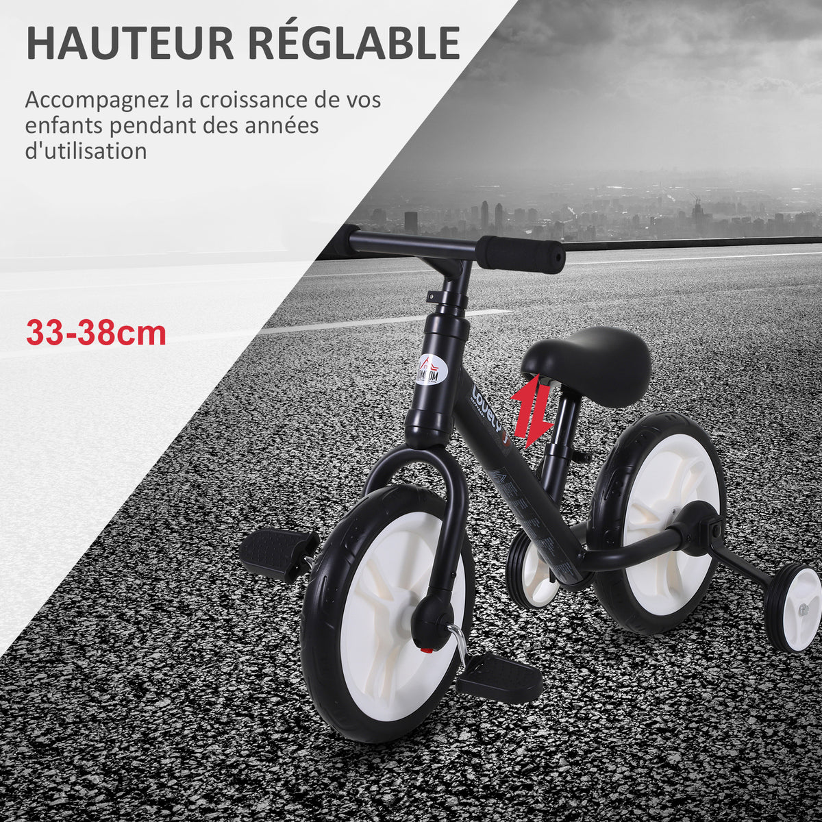 Bicicletta per bambini 2 in 1, balance bike con rotelle e pedali rimovibili, ruote da 12", altezza sella regolabile per bambini dai 2 ai 5 anni, acciaio, nero
