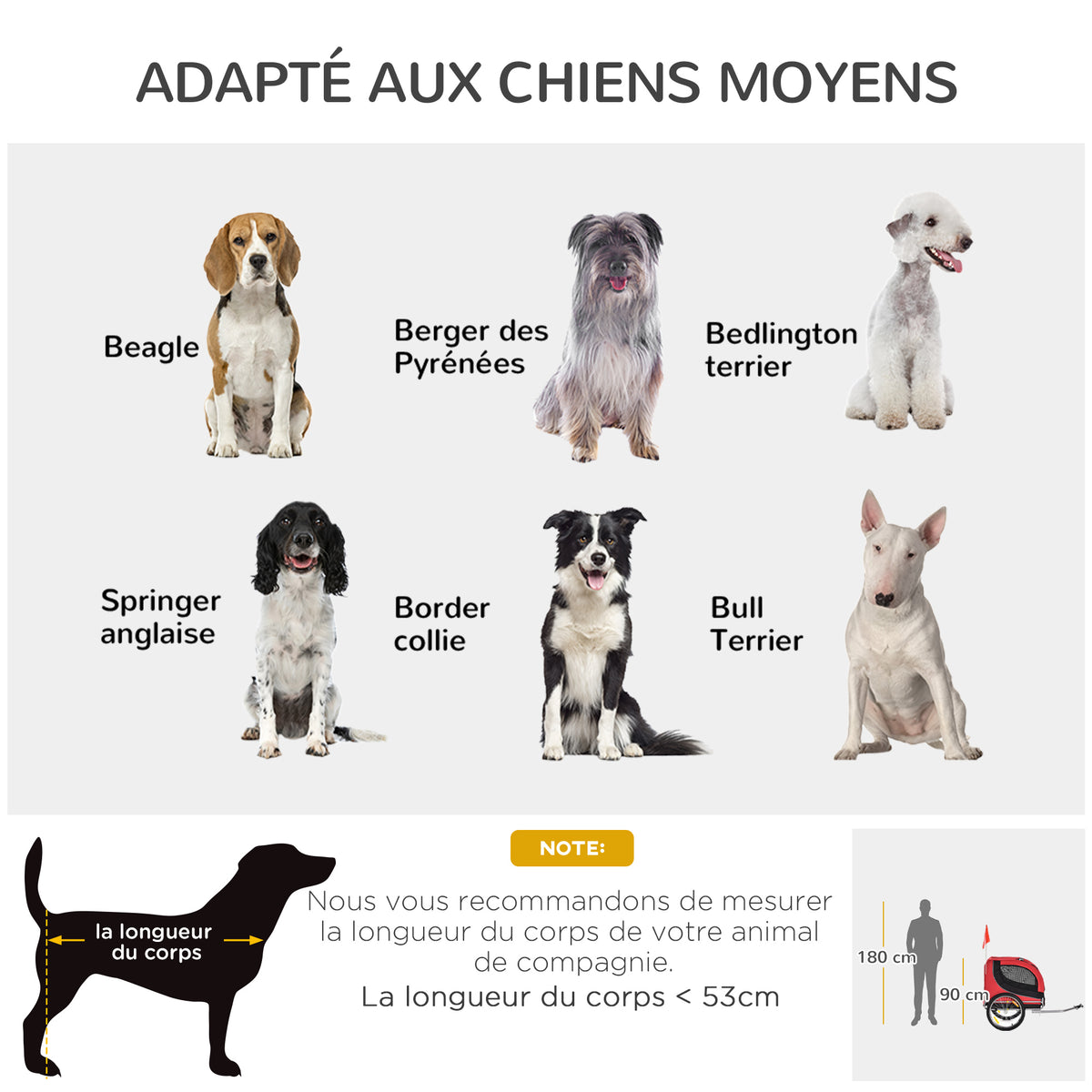 Remolque de bicicleta para perros y mascotas con 8 reflectores y bandera roja, negro