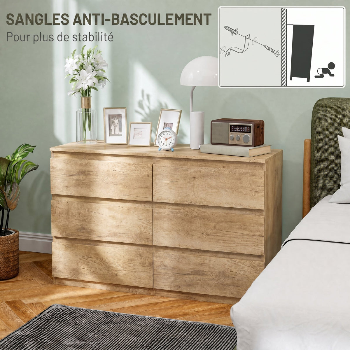 Commode 6 tiroirs meuble de rangement sans poignées design minimaliste 120 x 39 x 75 cm chêne