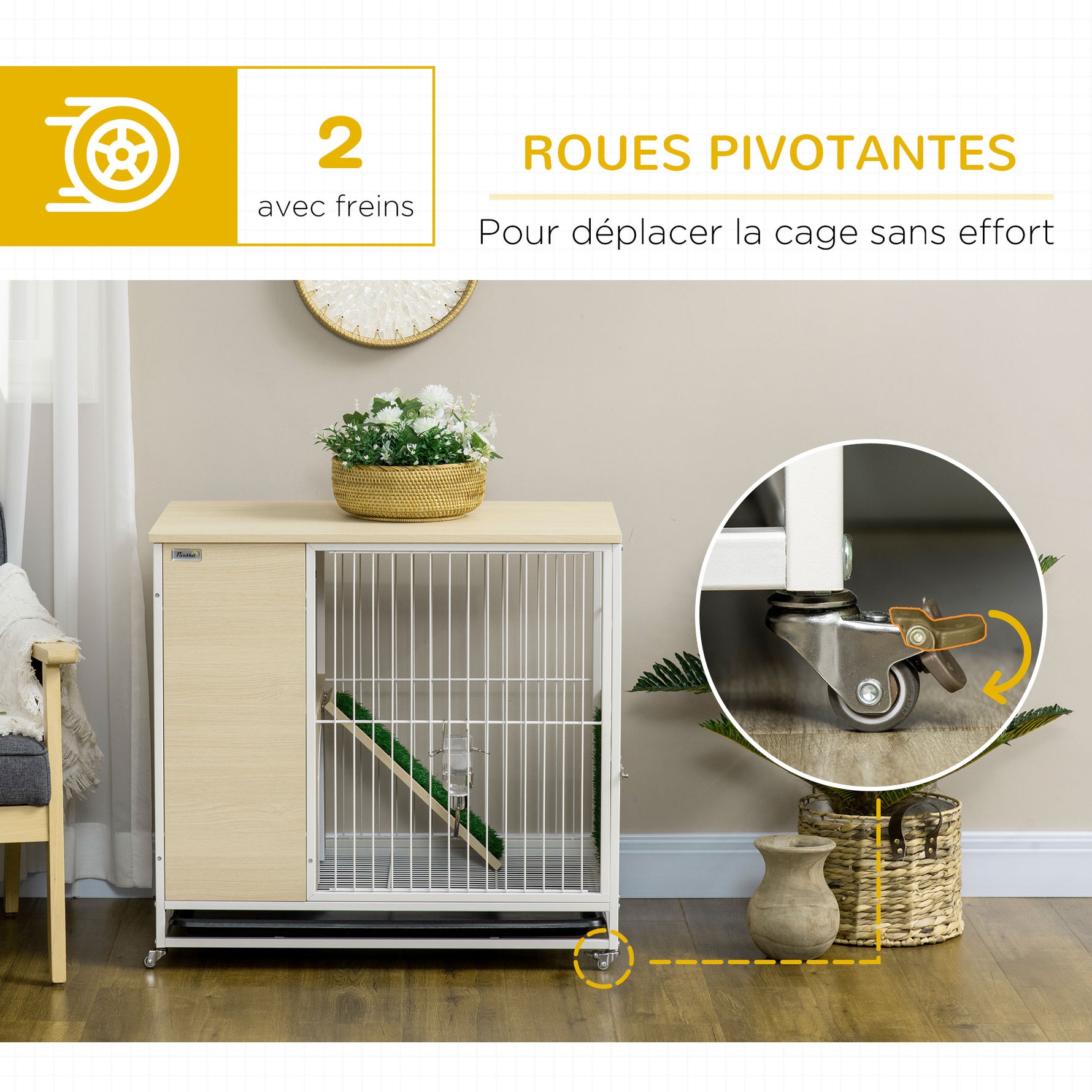 Cage à lapin clapier sur roulettes toit ouvrant plates-formes avec plateau amovible 78 x 52,5 x 76,5 cm naturel