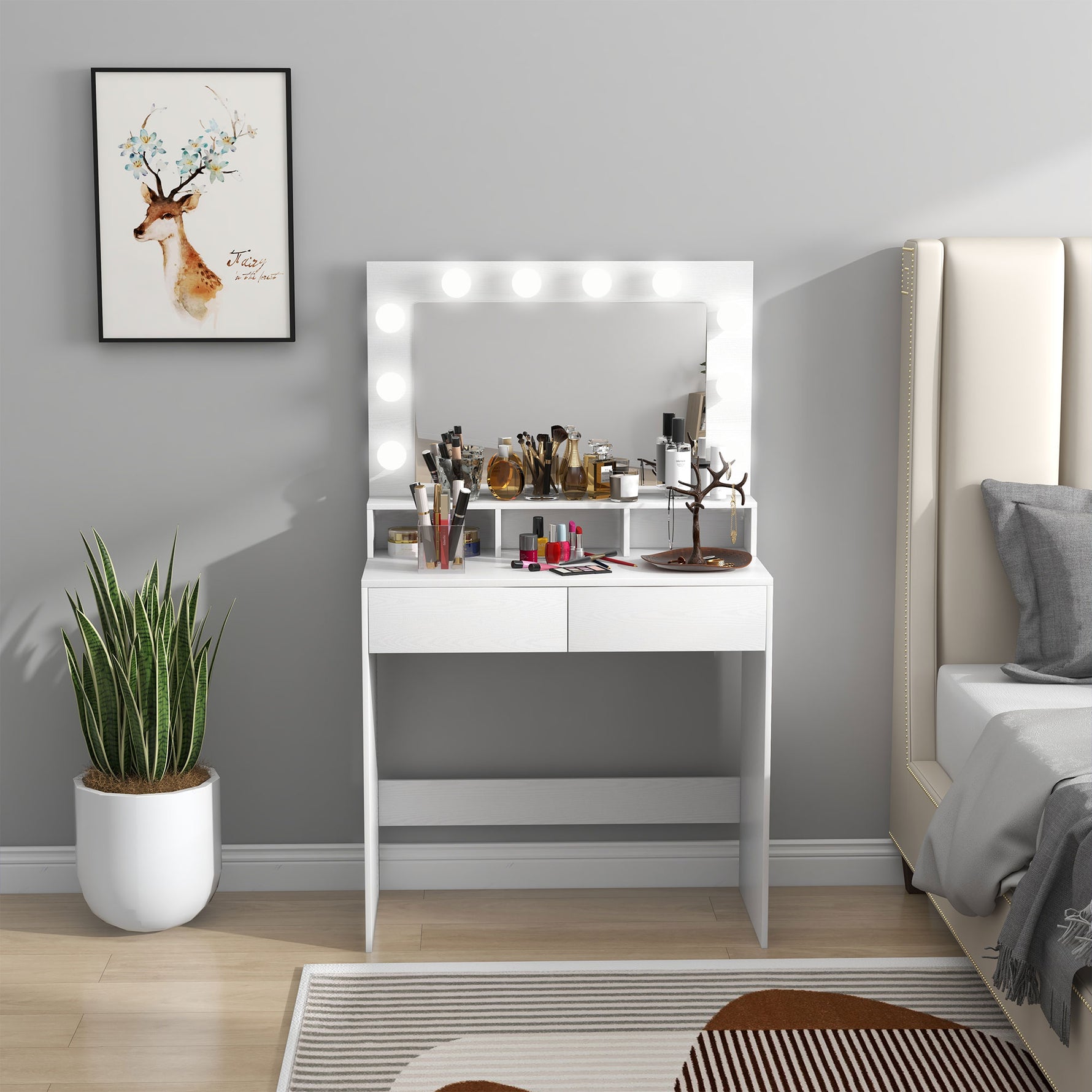 Coiffeuse avec miroir Hollywood, tiroirs, 3 modes d'éclairage, 10 ampoules, 80 x 40 x 135 cm, blanc