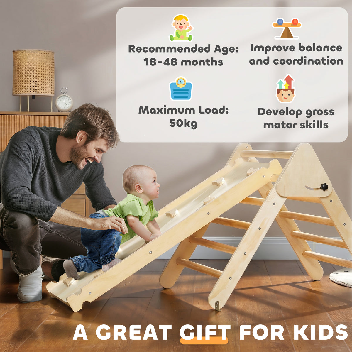 Triangle d'escalade, 3 en 1 en bois pour grimper et glisser, charge max. 50 kg, pour 18-48 mois, bois naturel