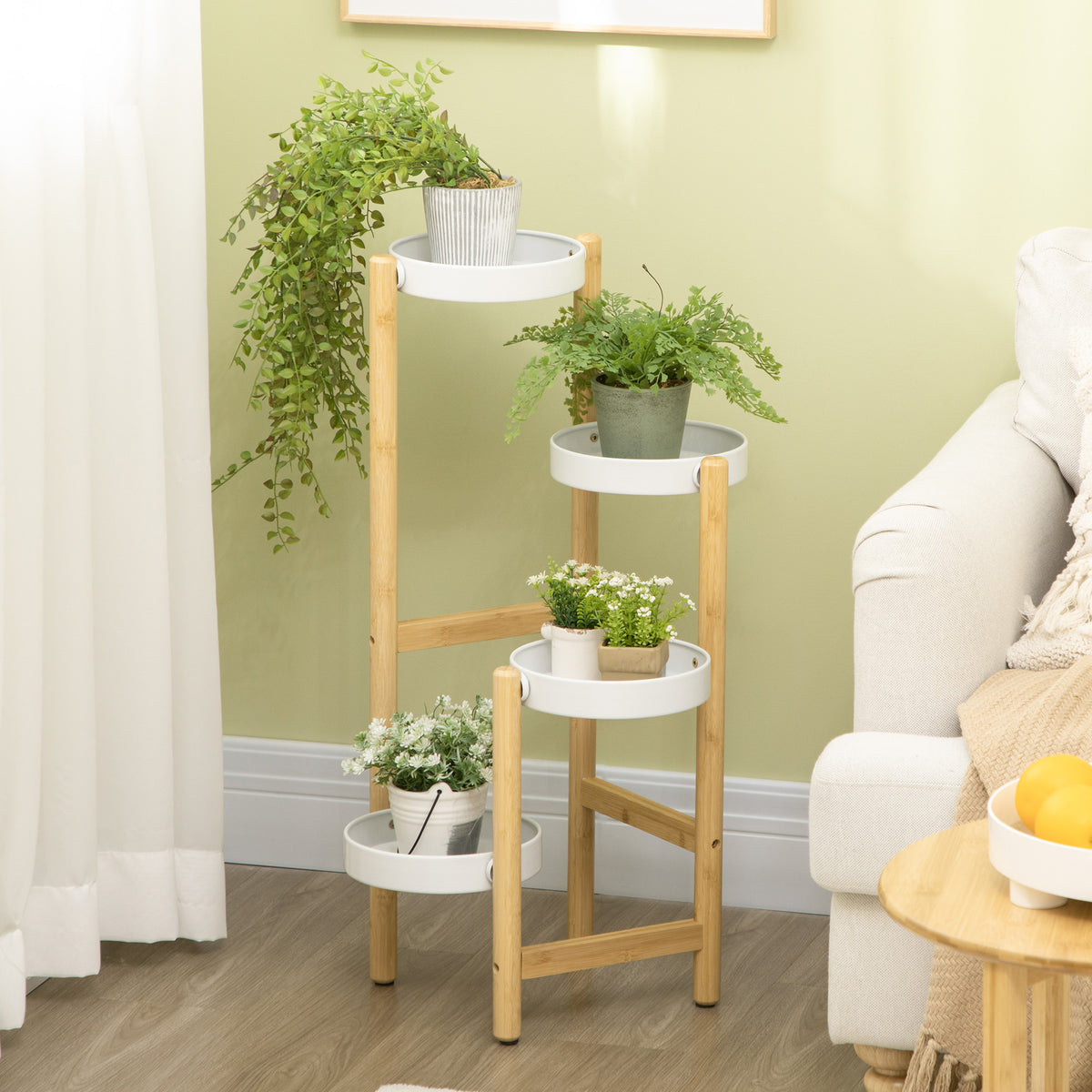 Support pour plantes étagère à fleurs à 4 niveaux en bambou et métal pour extérieur intérieur 28 x 28 x 80 cm blanc