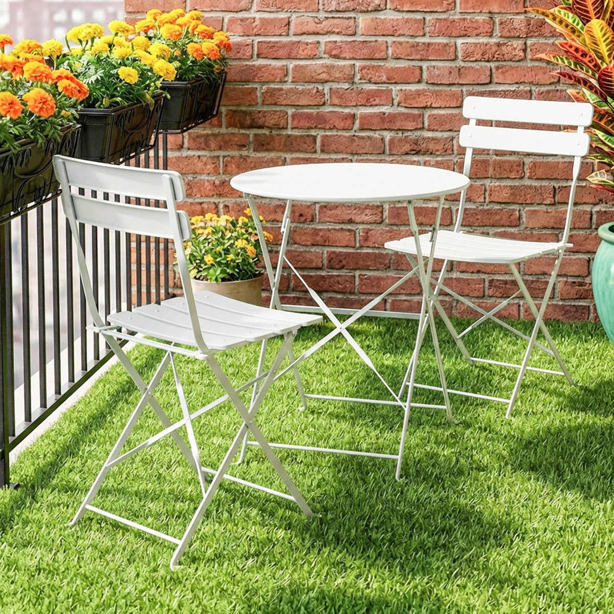 Ensemble Bistrot de Jardin 3 Pièces Table et 2 Chaises Pliantes à Lattes Double Protection Antirouille Crème