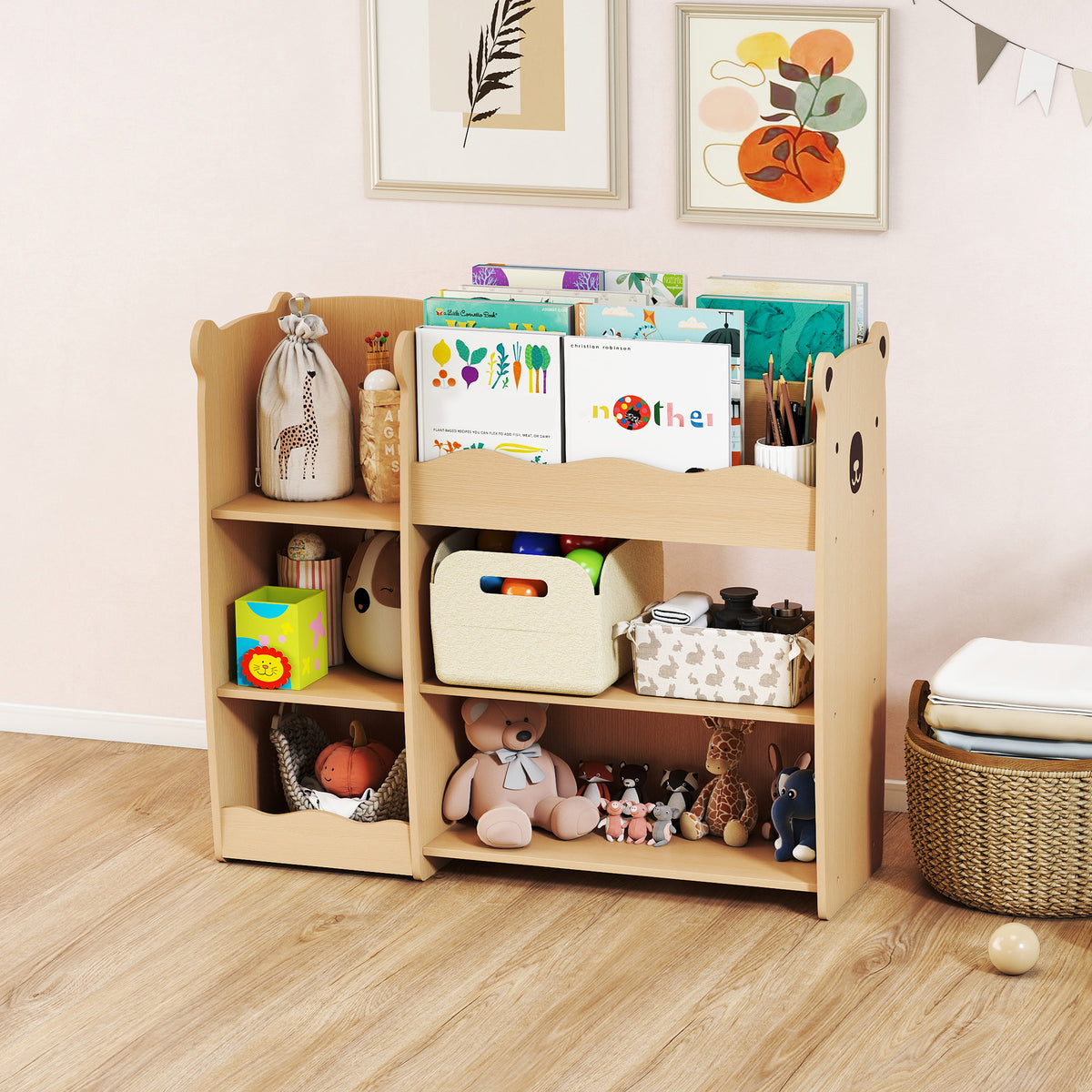 Meuble rangement enfant 3 niveaux, étagère de rangement pour jouets enfants avec étagères ouvertes, 92x29x79cm, naturel