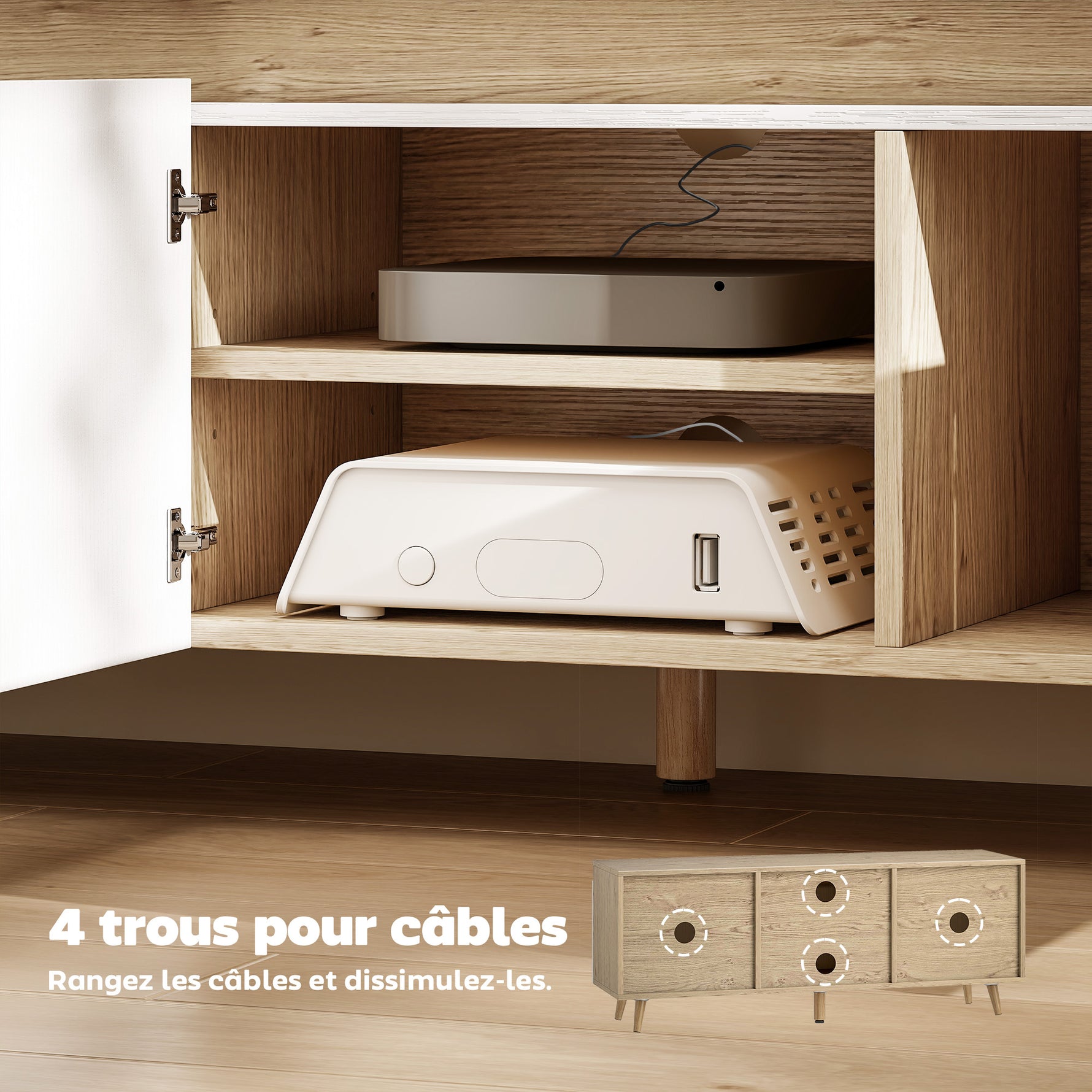 Meuble TV 120 cm, meuble télé pour téléviseur jusqu'à 55 pouces avec 3 portes, étagère réglable, chêne et blanc