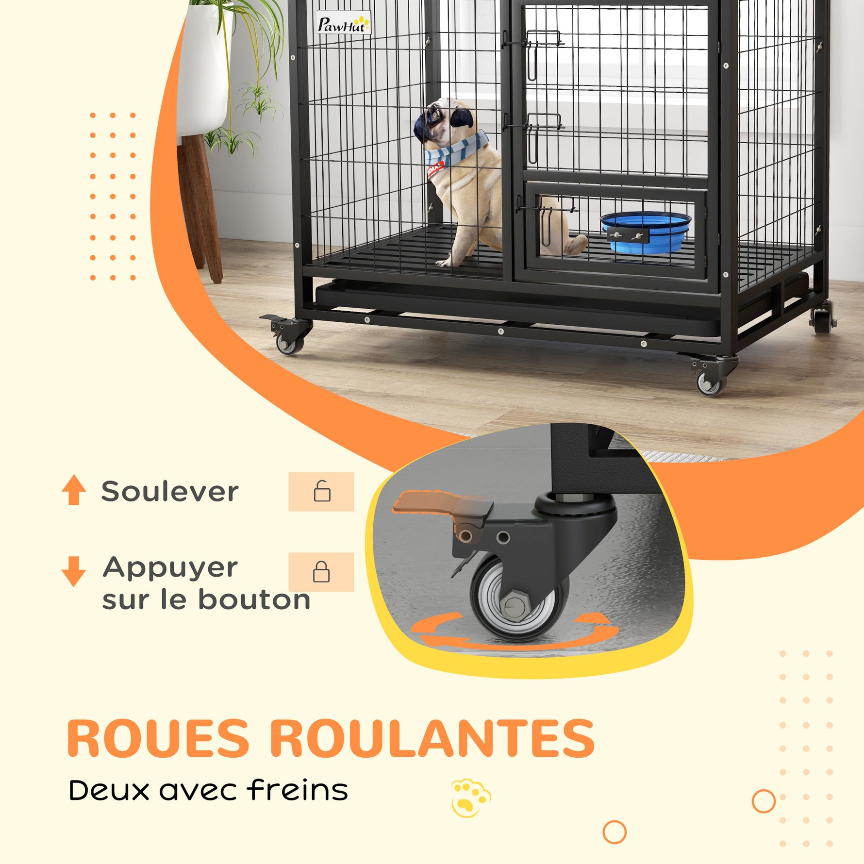Cage pour chien cage de transport sur roulettes avec support de gamelle plateau amovible 2 portes verrouillables