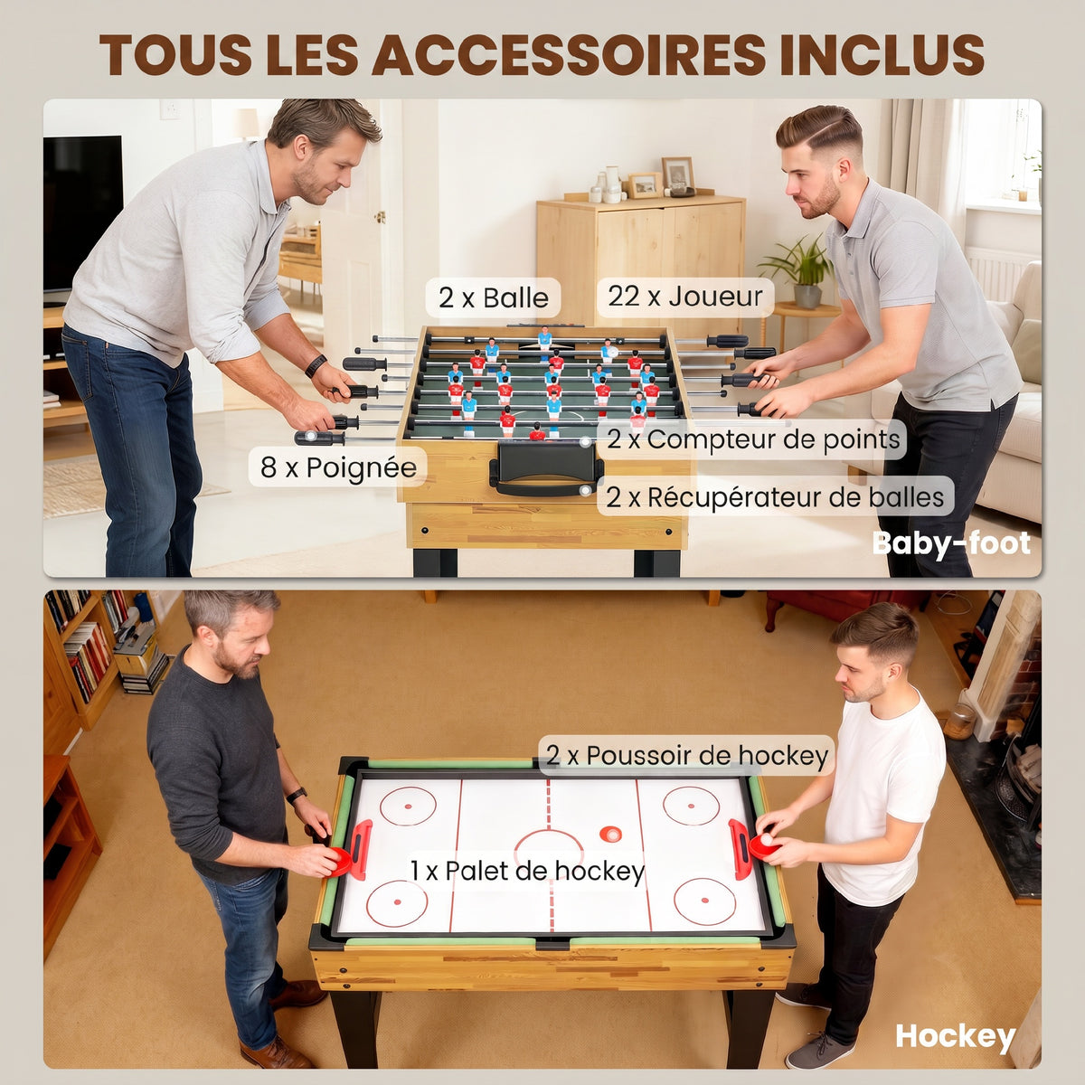 Table multijeux 13 en 1, table de jeu baby-foot, billard, ping-pong, 121x109x80cm, pour enfants et adultes, noyer clair