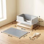 Bac Litière pour Chat en INOX Couvercle Bords Hauts Pelle et Tapis Anti-Adhérent Anti-Odeurs 60x40x30cm Gris Clair