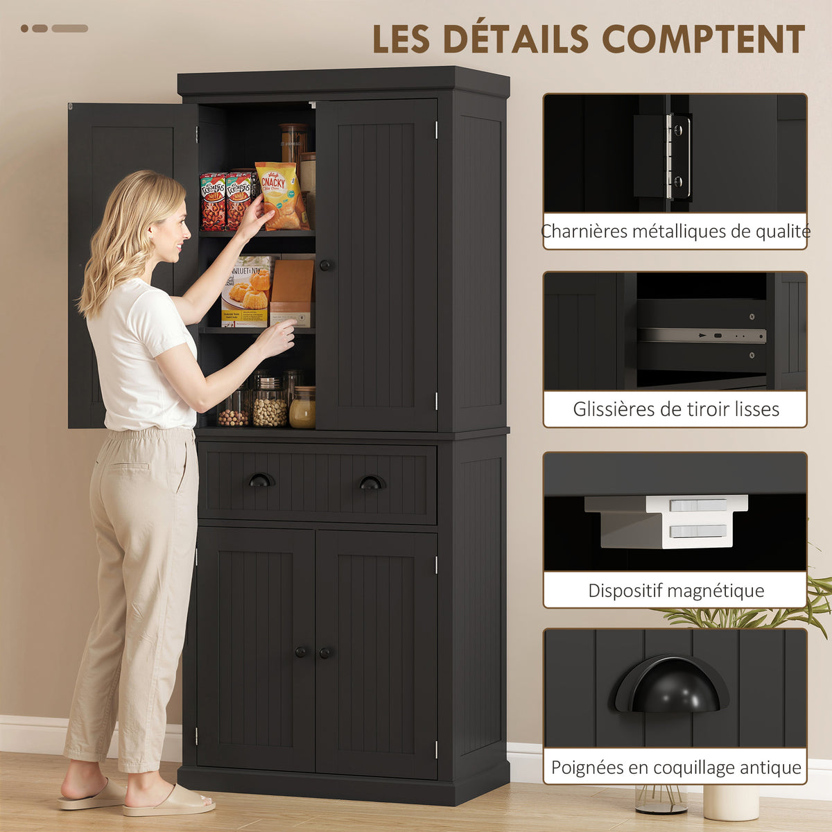 Buffet haut cuisine, armoire de cuisine avec 4 portes, tiroir et étagères réglables, 76,2 x 40,2 x 183 cm, noir