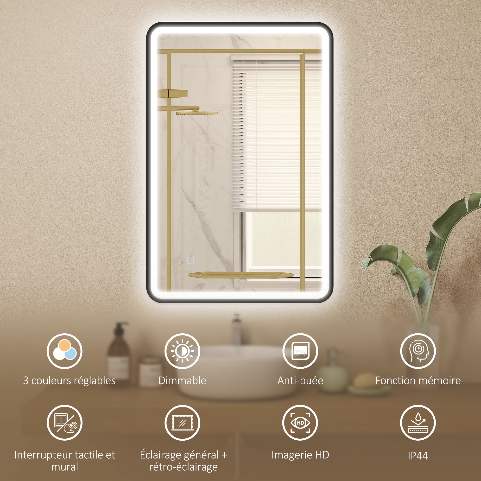 Specchio da bagno con illuminazione 90 x 60 cm, specchio LED da parete, antiappannamento, 3 colori di luce, dimmerabile, nero