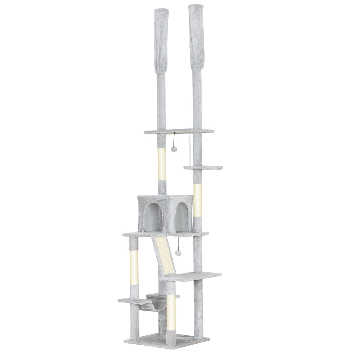 Arbre à chat du sol au plafond griffoir pour chat hauteur réglable 225-255 cm 6 niveaux avec niche hamac gris clair
