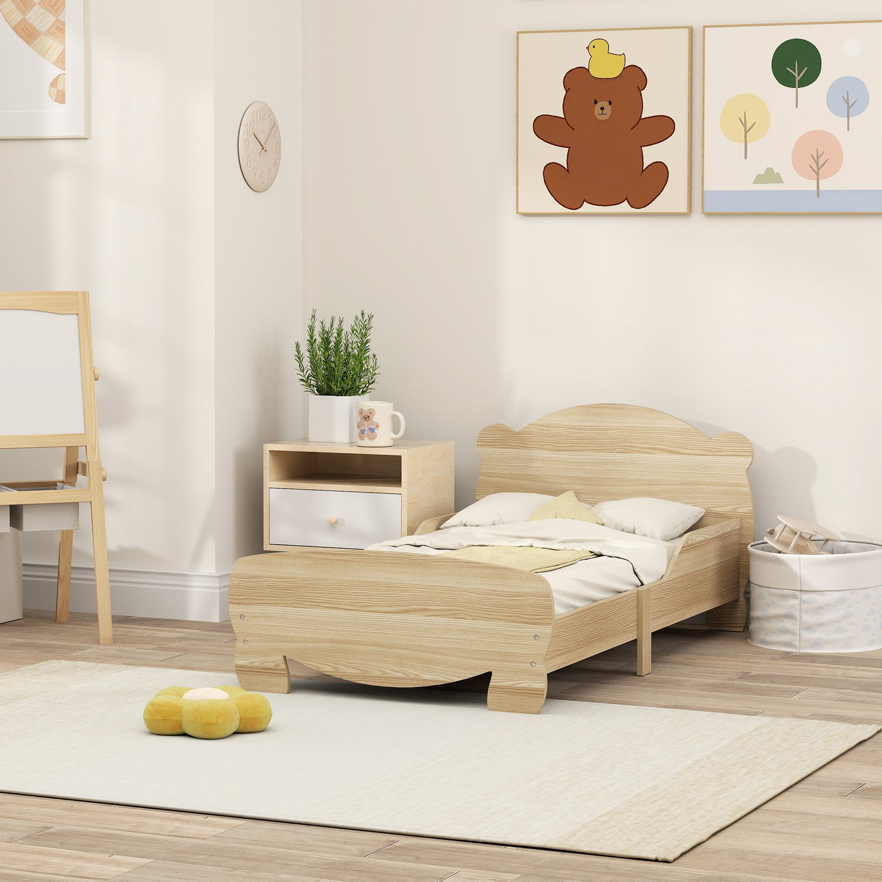 Lit enfant 70x140 cm avec barrières de sécurité thème d'ours pour garçons, filles, âgés de 3 à 6 ans, bois naturel