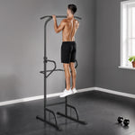 Power Tower Dip Station, Barre de traction, Barre de dips, Hauteur Réglable, Poignées en Forme U, 98x102x180-212cm, Noir