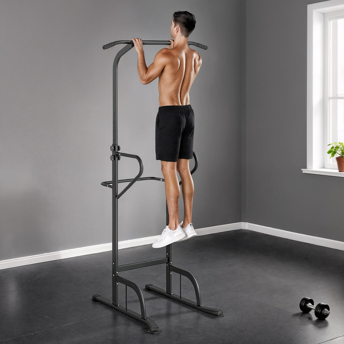 Power Tower Dip Station, Barre de traction, Barre de dips, Hauteur Réglable, Poignées en Forme U, 98x102x180-212cm, Noir