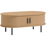 Table basse ovale en bois, table de salon moderne avec portes coulissantes et rangement caché, 100x55x40cm, bois naturel