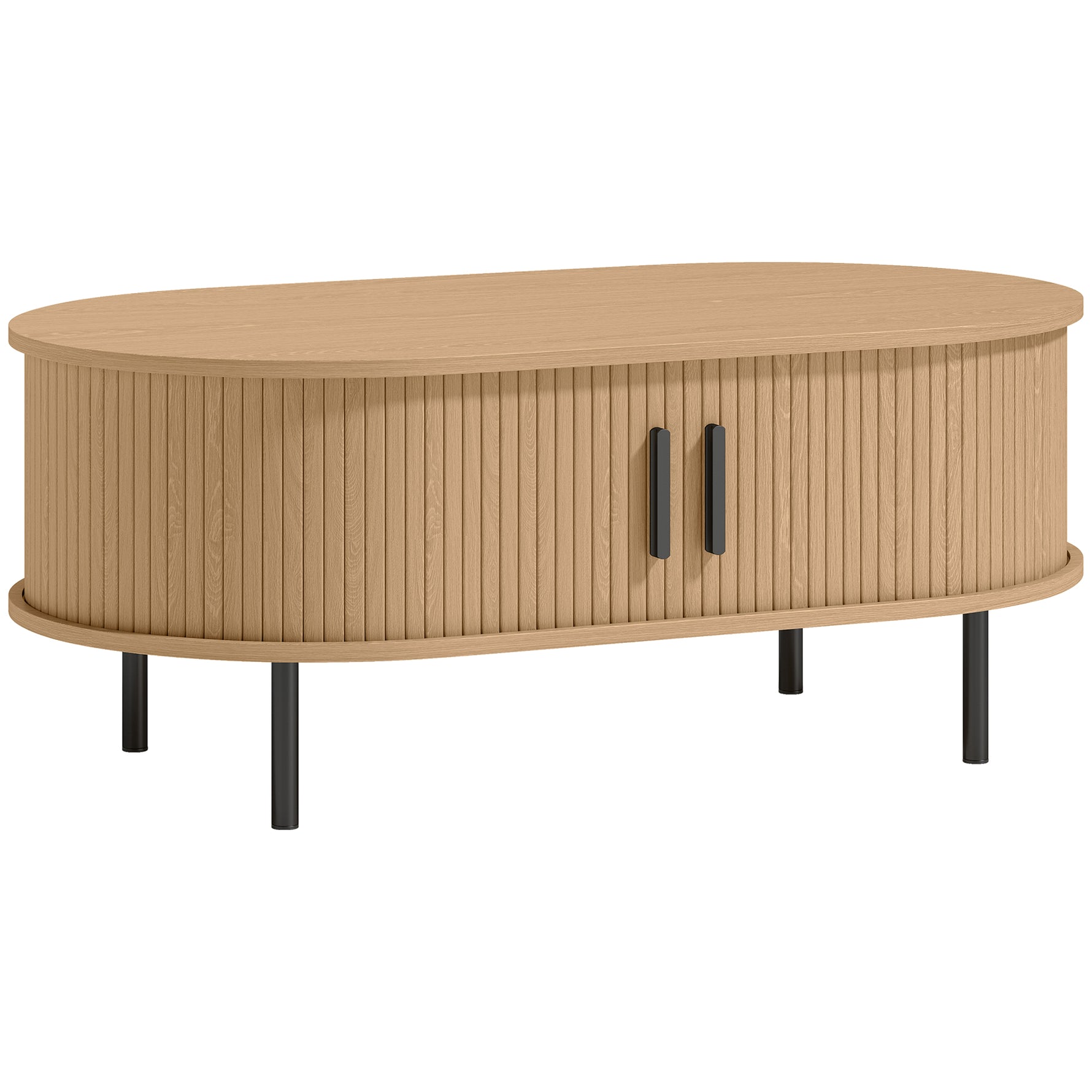 Table basse ovale en bois, table de salon moderne avec portes coulissantes et rangement caché, 100x55x40cm, bois naturel