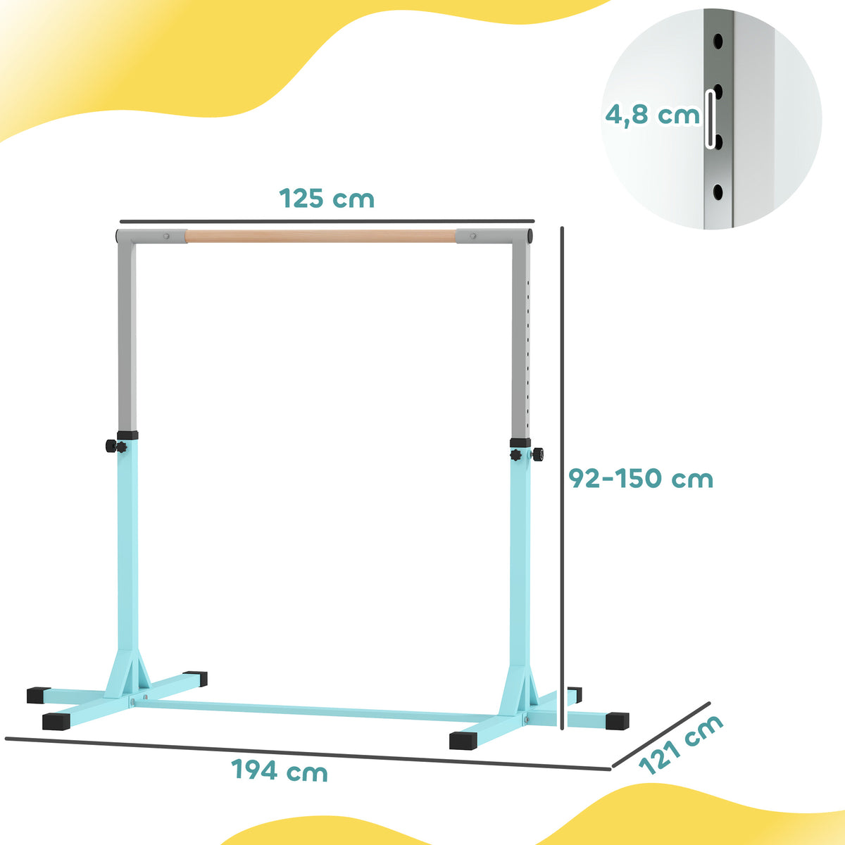 Turnstange für Kinder, 13-fach höhenverstellbar von 92-150 cm, aus Stahl und Buchenholz, Cyan