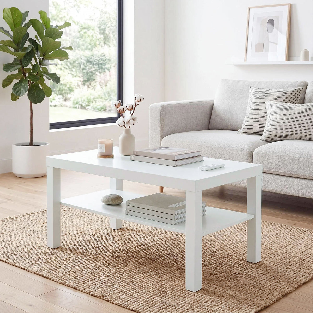 Table basse de salon, table d'appoint rectangulaire à 2 niveaux avec étagère de rangement, 90x45x44,5cm, blanc