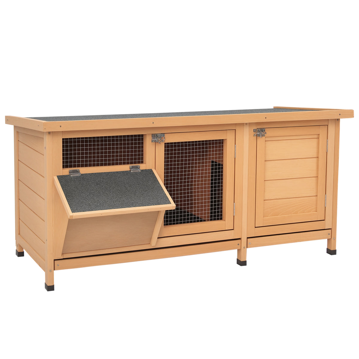 Clapier sur pied cage à lapin avec toit bitumé ouvrant 2 portes verrouillables 2 tiroirs à déjection coulissants mangeoire bois de sapin traité dim. 112L x 50l x 54H cm bois naturel et noir