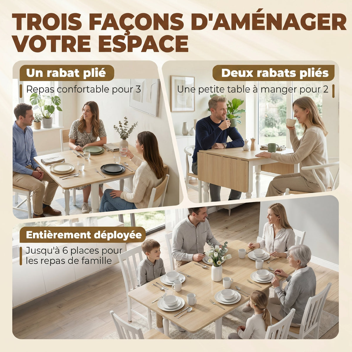 Table à manger pliante pour 2 à 6 personnes 74-134 cm, table de cuisine avec 2 abattants, pieds en acier, bois naturel
