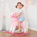 Cheval à Bascule en Bois et Peluche pour Enfant Cheval de Cowboy peluche Pour Enfants de 3-6 Ans Jouet balançoire avec Effet sonore Selle rênes Rose Blanc