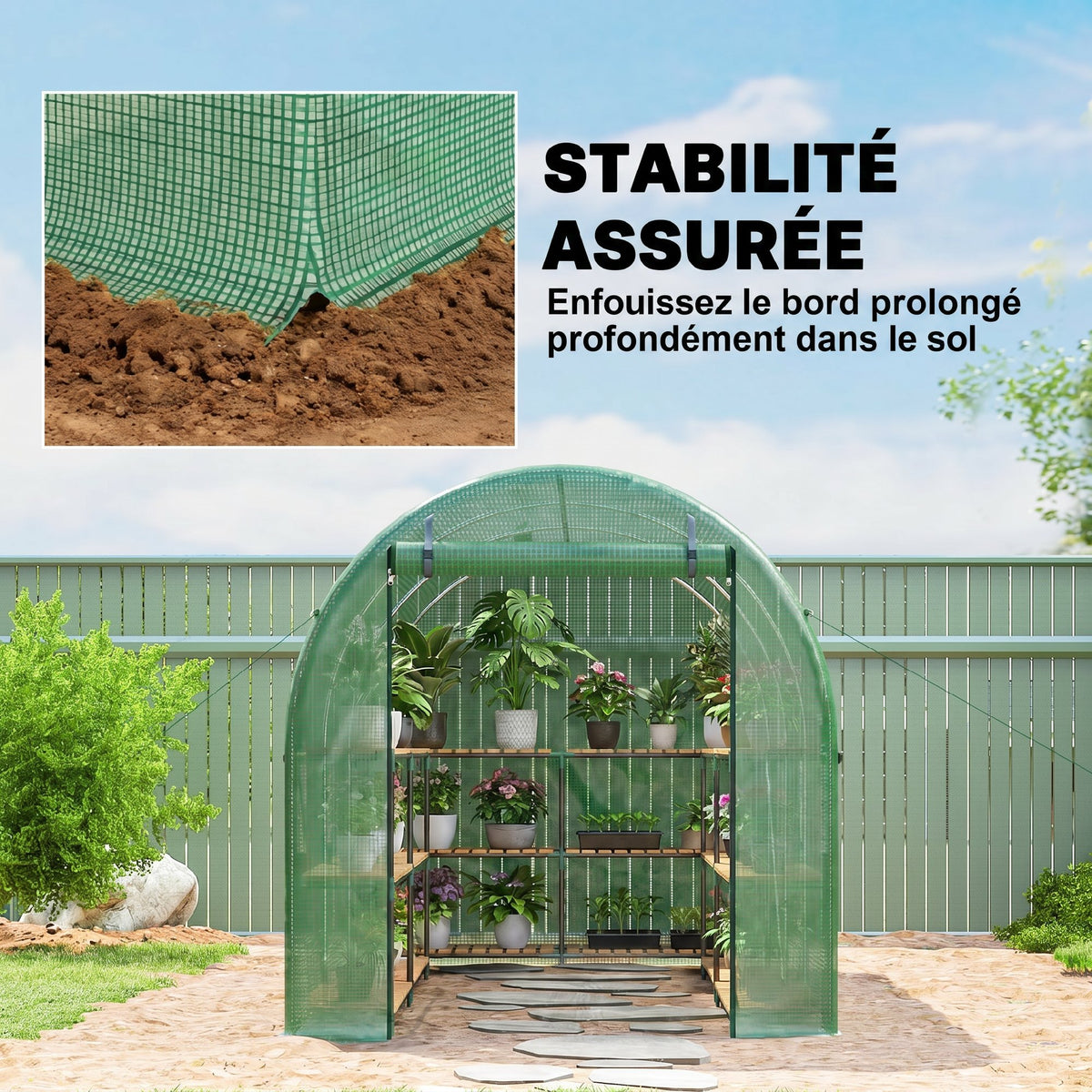 Serre de Jardin Tunnel 8 m² 4L x 2l x 1,9H m Acier galvanisé renforcé diamètre 2,4 cm + PE fenêtres Porte Vert