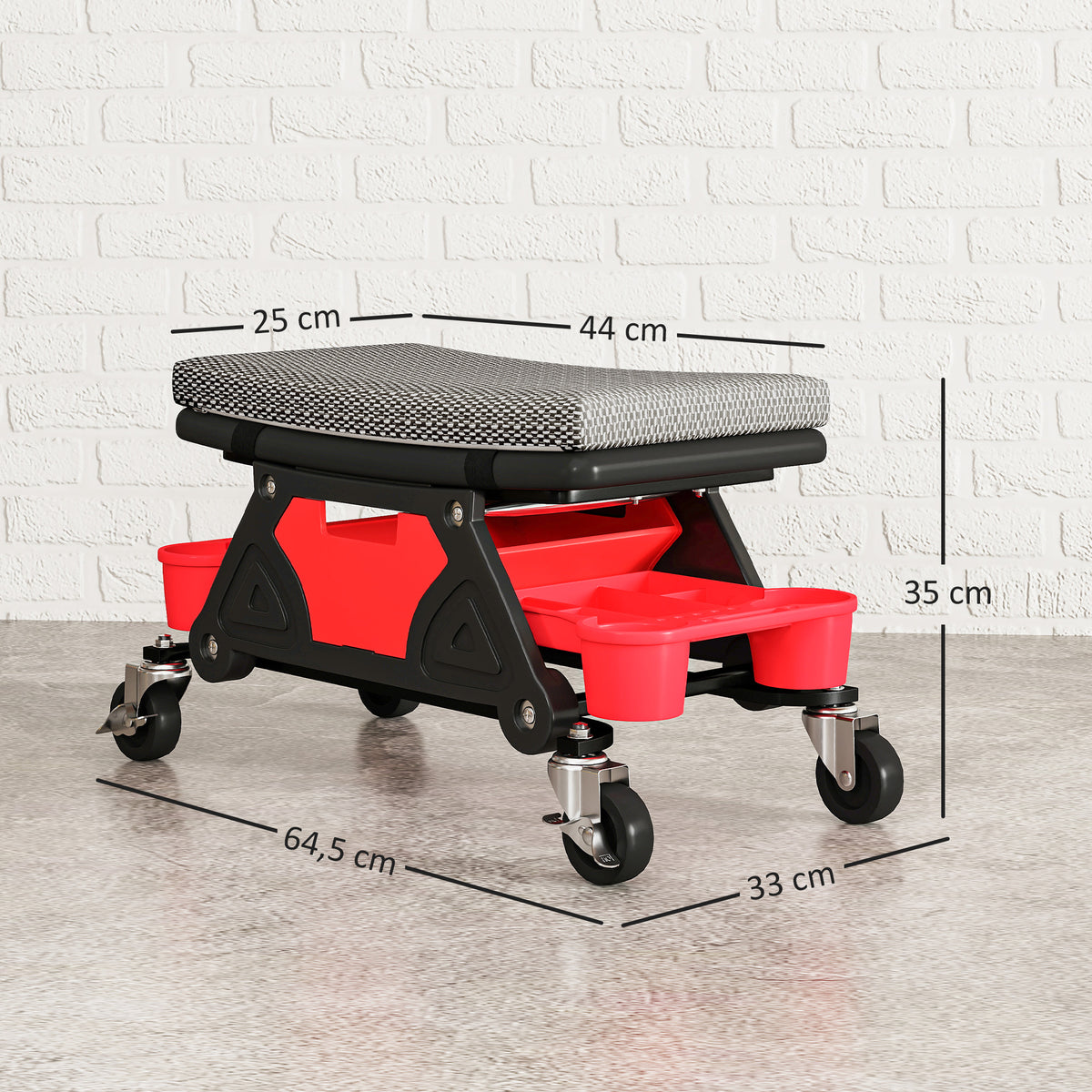 Tabouret d'atelier mobile 135 kg, tabouret de mécanicien avec roulettes rotatif à 360°, 64,5 x 33 x 35 cm, noir