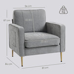 Fauteuil en tissu avec pieds en acier doré, grand confort, pochettes latérales, pour salon, bureau, chambre, gris