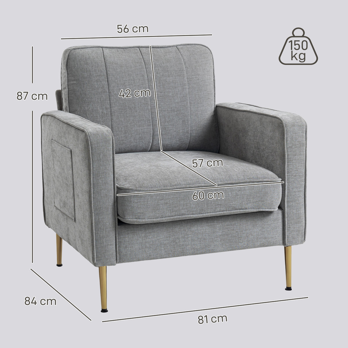 Fauteuil en tissu avec pieds en acier doré, grand confort, pochettes latérales, pour salon, bureau, chambre, gris
