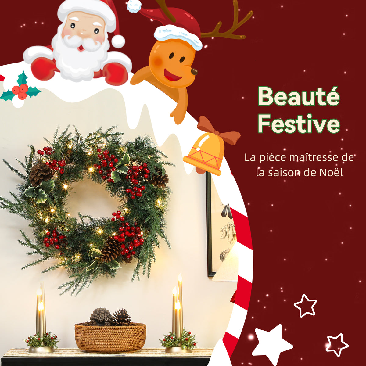 Beleuchteter Weihnachtskranz 60 cm mit 35 LEDs, Timer, 170 Zweigspitzen, Tannenzapfen, Beeren, Stechpalmenblättern, Grün