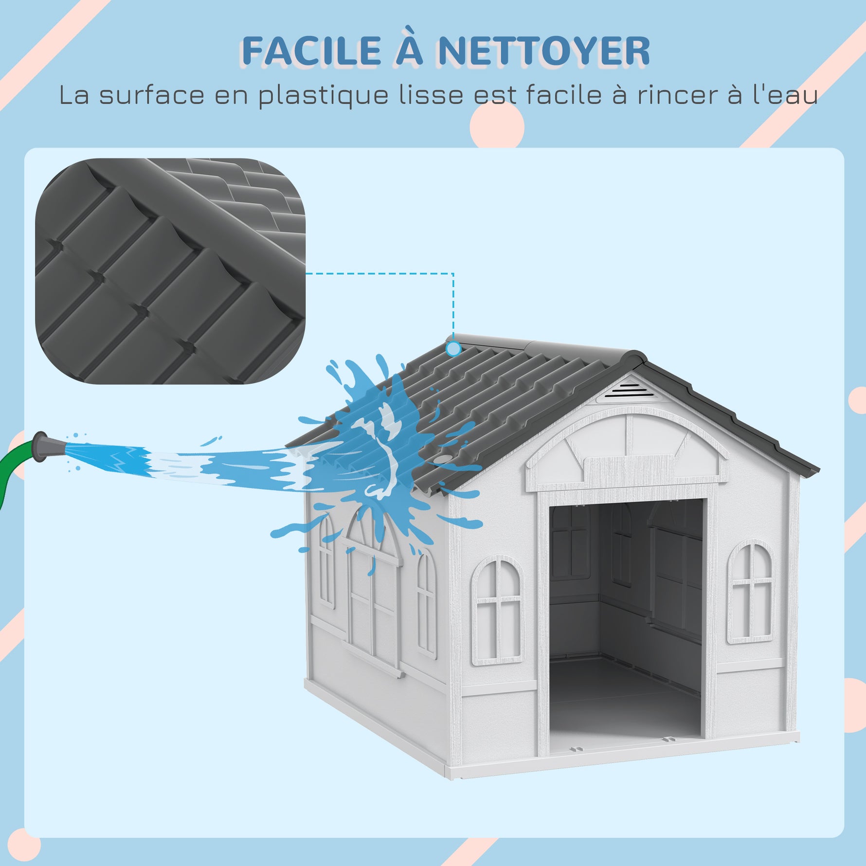 Niche pour Chien Extérieur pour Chiens Moyens et Grands, Maison pour Chien en PP Imperméable avec Toit en Pente, Porte Avant Ouverte et Ouverture d'Aération au-Dessus, 65 x 75,7 x 63 cm, Gris
