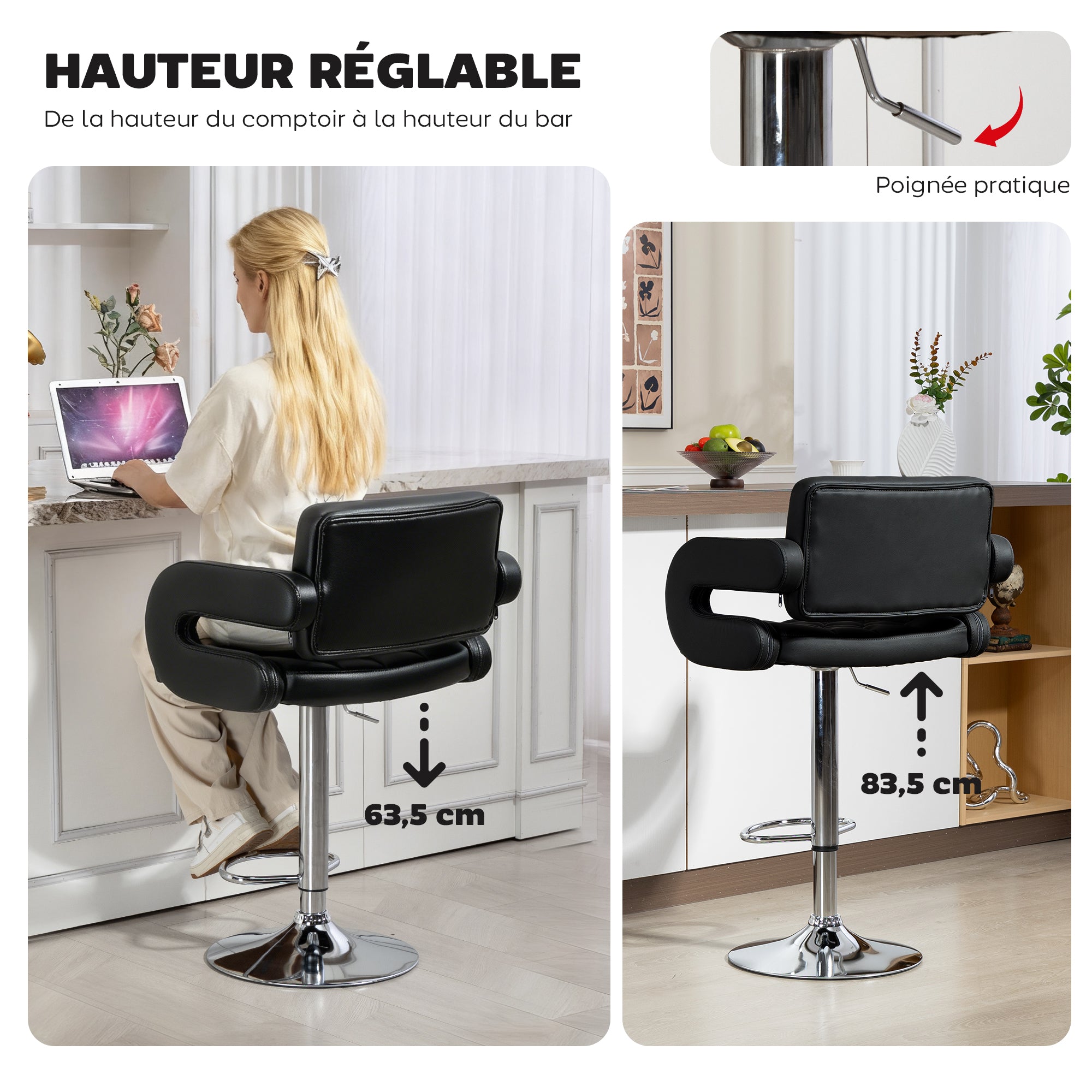 Tabouret de bar pivotant chaise de bar réglable en hauteur avec dossier repose-pieds et accoudoirs 61x50x93-113cm noir